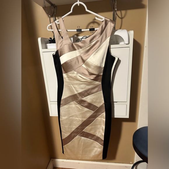 JAX Color Block Split Shoulder Midi Sheath Formal Dress Black Beige Cream Sz 10 - Picture 1 of 4
